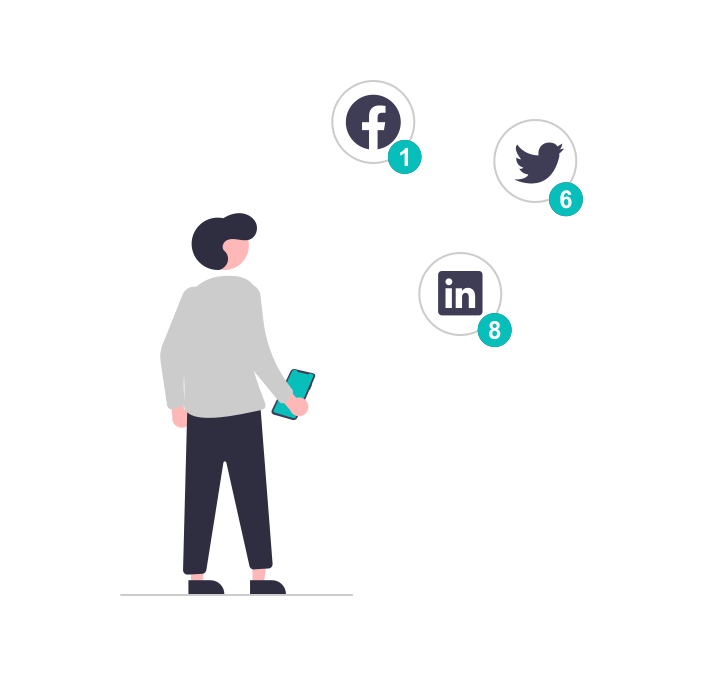 A drawing of a person looking at notifications from social platforms. How can you use social media to drive traffic to YOUR website?