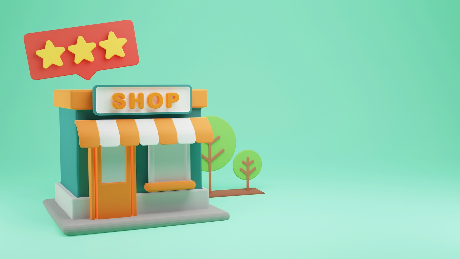 Picture of a blocky, cartoon-style market shop. 4 things to consider with an eCommerce site.