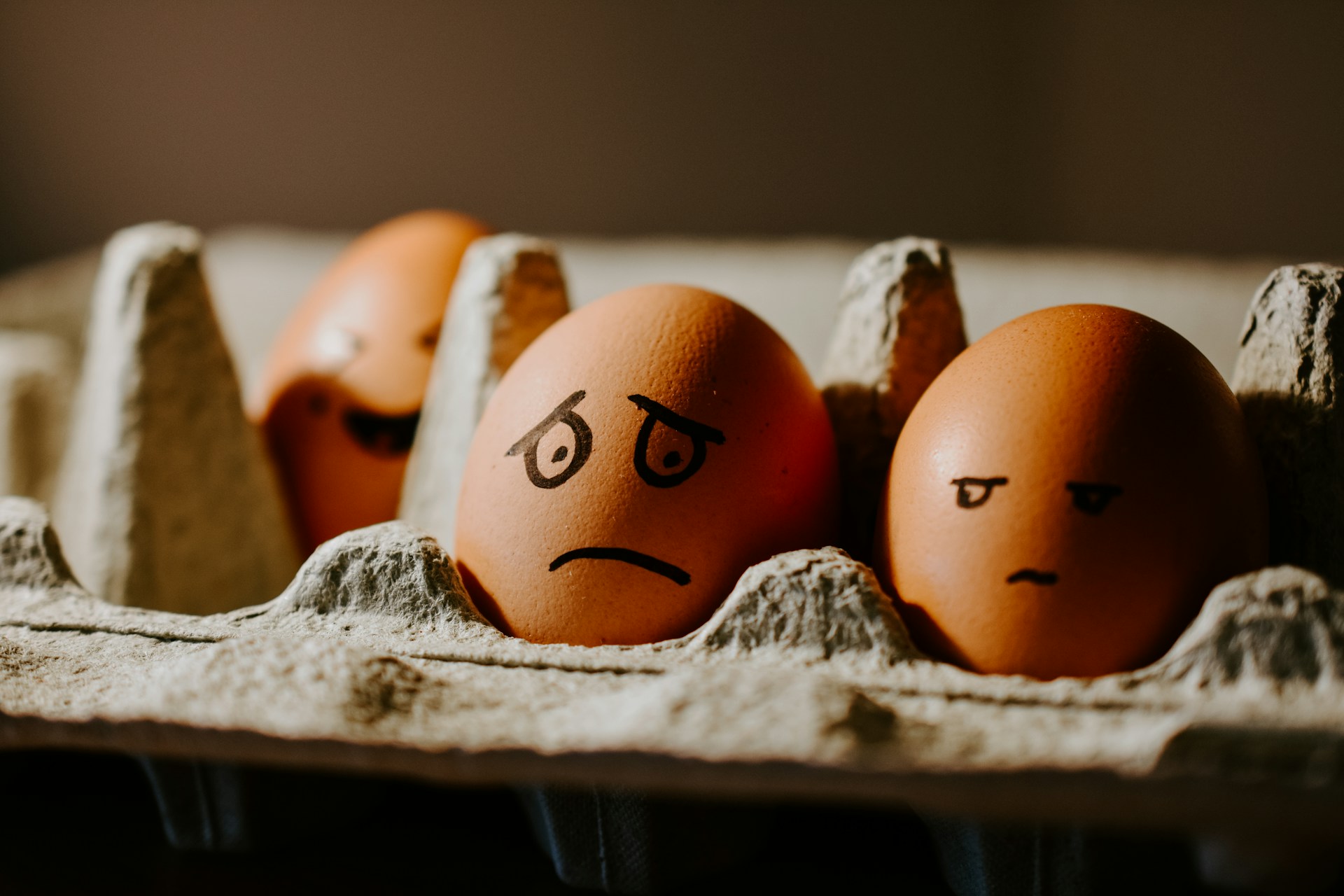 Picture of an egg in an eggbox with an unhappy face, to depict 3 things we don’t like about WordPress