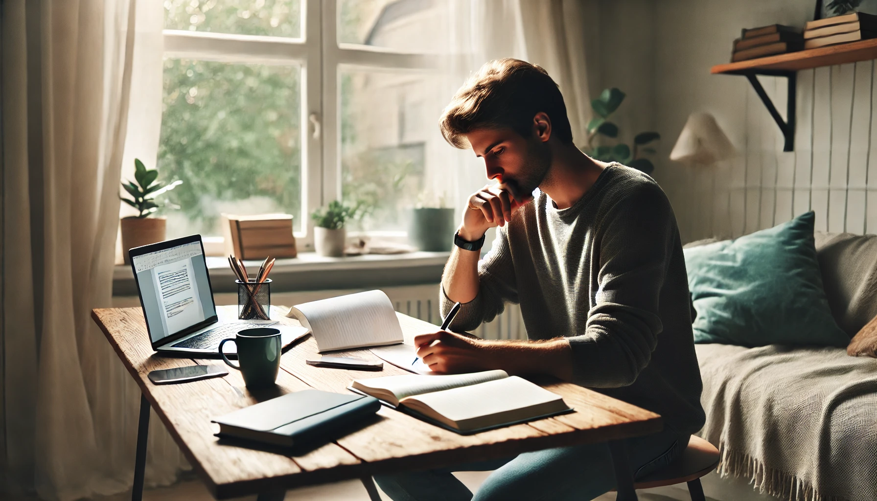 photograph style image, landscape, of someone thinking whilst clearly in the middle of writing an article. They need some top tips to create great content so they're not so stuck!